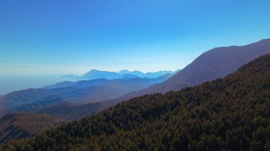 Dağ manzarası. Kahverengi orman mavi gökyüzü güzel manzara