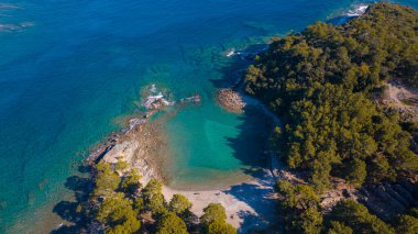 Tepesinden manzaralı deniz kıyısı sahili. Güneşli bir gün, dinlenme yeri orman ve mavi deniz.