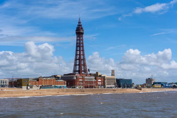 stock image pier and city view. iron tower in blackpool