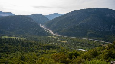 Orman manzarası. Ovadaki otoban ve ormanlık arazi