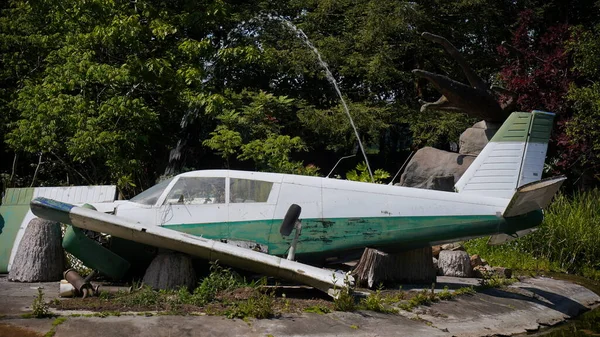 crashed single-engine aircraft. Crashed plane with dismembered passengers