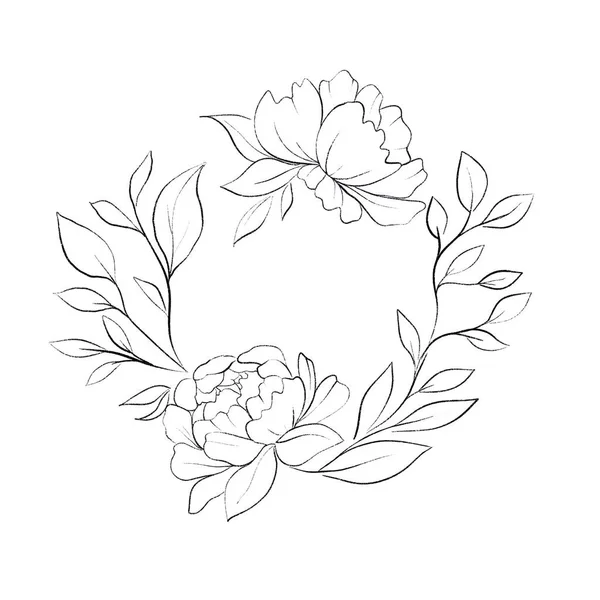 Peony wreath. Modern pencil drawing illustration. Isolated on white background. Hello spring card template.