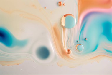 Soyut moda arka planı. Kabarcıklı pastel renkte akışkan sanat. Soluk naneli sıvı doku, turuncu renkler. 3d hazırlayıcı.