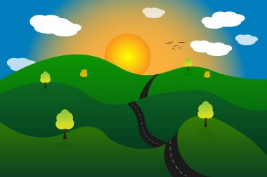 Peri masalı güneşinin arka planında yeşil çayır ve yol