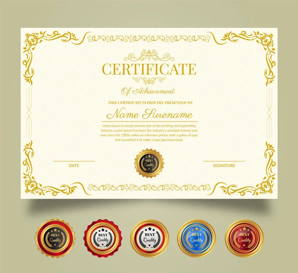 Шаблон Сертификат Благодарности Достижения Чистый Современный Сертификат Золотым Значком Современным — стоковый вектор