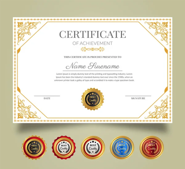 Шаблон Сертификат Благодарности Достижения Чистый Современный Сертификат Золотым Значком Дипломный — стоковый вектор