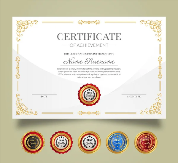 Wzór Świadectwa Wdzięczności Osiągnięć Czysty Nowoczesny Certyfikat Złotą Odznaką Konstrukcja — Wektor stockowy