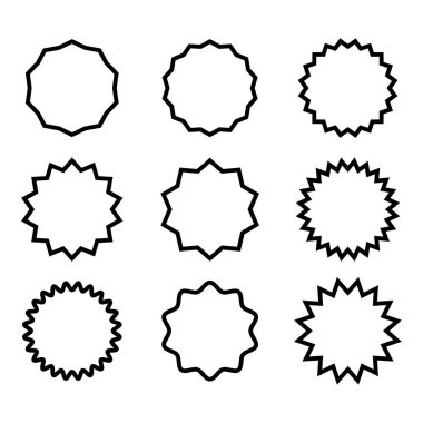 Bir dizi vektör yıldız patlaması, güneş patlaması rozetleri. Düz stil etiketleri, çıkartmalar