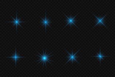 Şeffaf arkaplanda mavi parıldayan yıldızlar kümesi