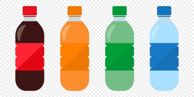 Soda şişesi ikonu seti. Düz vektör su soda simgeleri