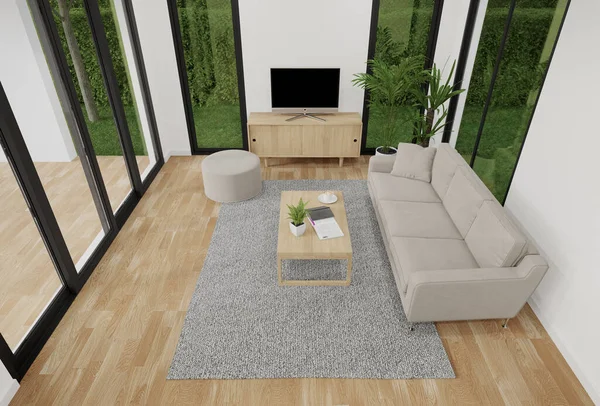 Living room with sofa and carpet on wooden floor top view. 3d rendering of residential home interior.