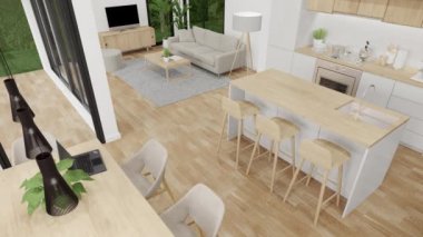 Sofa and carpet on parquet floor of bright living room near window in modern house or apartment. White home interior 3d rendering with garden view.