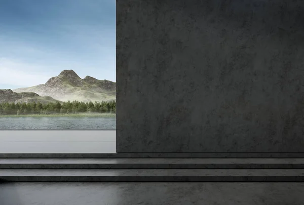 Empty concrete floor for car park. 3d rendering of abstract building with mountain and blue sky background.
