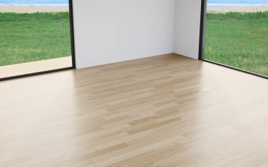 Blank wall on empty wooden floor of large living room in modern house or luxury hotel. Minimal home interior 3d rendering with beach and sea view.