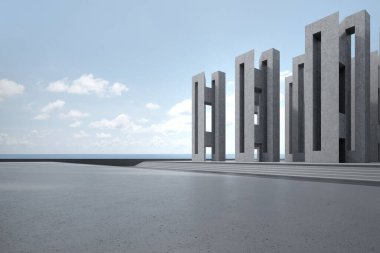 Otopark için boş beton zemin. Deniz manzaralı soyut binanın 3D görüntüsü.