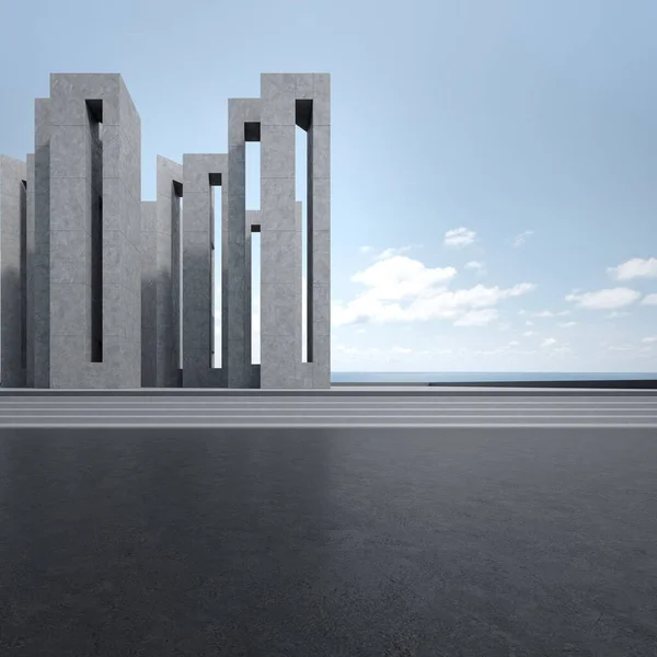 駐車場のための空のコンクリート床 海の景色を背景にした抽象的な建物の3Dレンダリング — ストック写真
