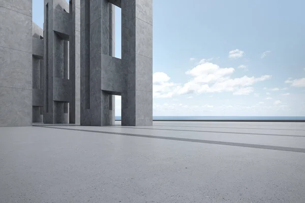 駐車場のための空のコンクリート床 海の景色を背景にした抽象的な建物の3Dレンダリング — ストック写真