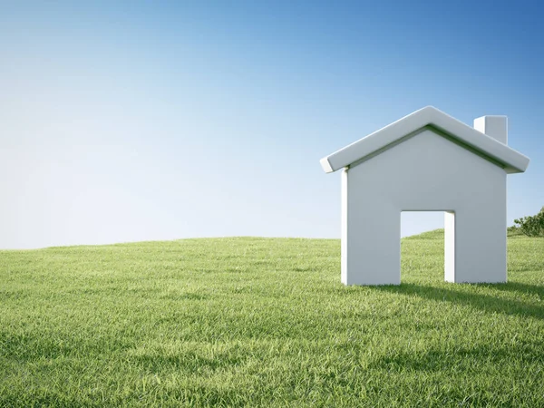 Boş çimen zeminli ev sembolü. 3D yeşil çimenlik ve ev simgesi.