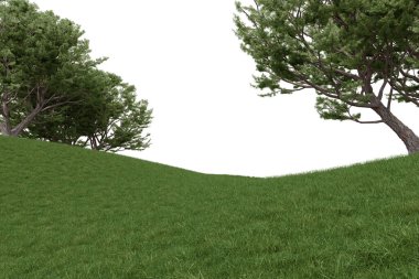 Gerçekçi çim tepesi ve orman ağacı sınırı. İzole nesnelerin 3d görüntülenmesi.