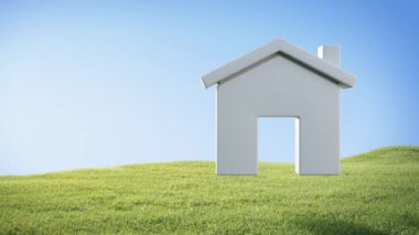 Boş çimen zeminli ev sembolü. 3D yeşil çimenlik ve ev simgesi.