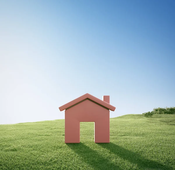 Boş çimen zeminli ev sembolü. 3D yeşil çimenlik ve ev simgesi.