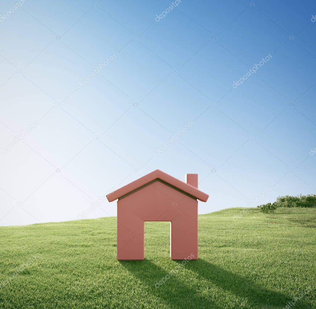 House symbol with empty grass floor. 3d rendering of green lawn and home icon.