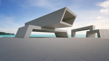 Modern binanın soyut mimari tasarımı. Sahil ve mavi gökyüzü manzaralı boş bir park yeri. Araba sahnesi için 3B görüntü oluşturuluyor.