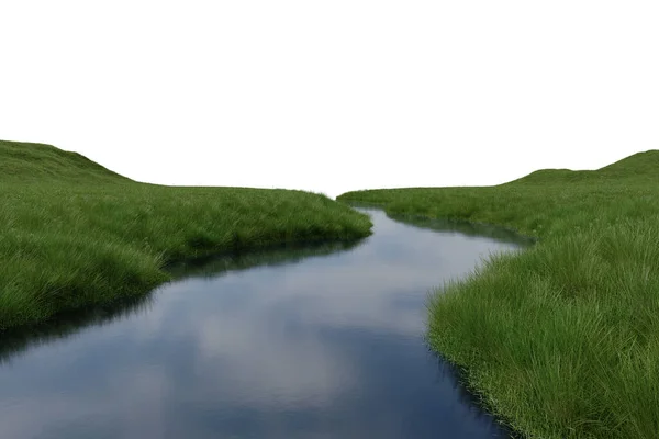 Realistyczna Trawa Równina Rzeka Renderowanie Pojedynczych Obiektów — Zdjęcie stockowe