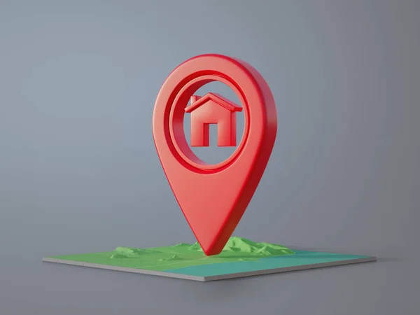 地図ピンアイコンの3Dレンダリング 家のシンボルを持つシンプルな赤い位置ポインタ — ストック写真