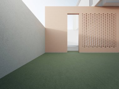 Otopark için boş yapay çim zemini. Modern evdeki büyük alanın 3D canlandırması.