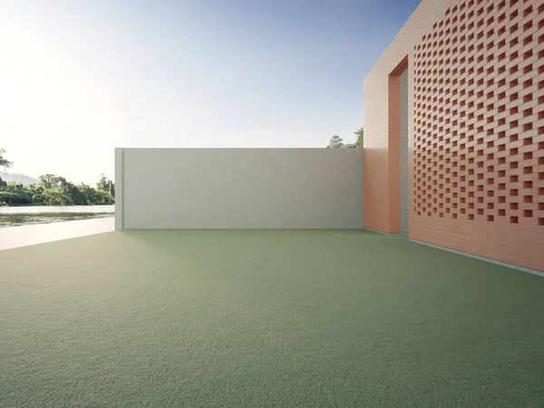 Empty artificial grass  floor for car park. 3d rendering of big area in modern home.