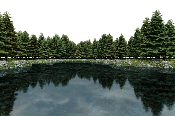 Realistic Lake Forest Tree Line Rendering Isolated Objects — Stock Photo, Image