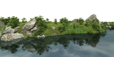 Bitkilerle dolu gerçekçi nehir kıyısı. İzole nesnelerin 3d görüntülenmesi.