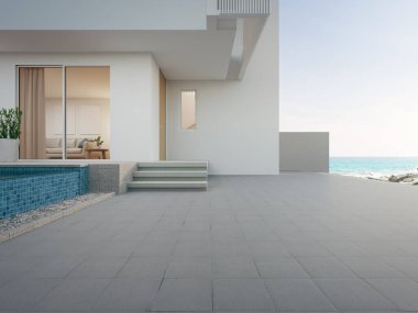 Otopark için boş zemini olan bir sahil evi. Modern deniz manzaralı 3D beton veranda..