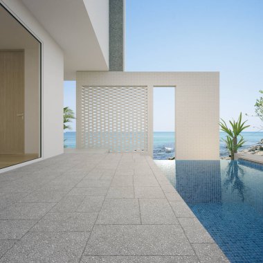 Oturma odasının yanındaki boş teras katı ve modern sahil evinde beyaz duvar veya lüks havuz villası. Beton döşeme 3D deniz manzaralı..