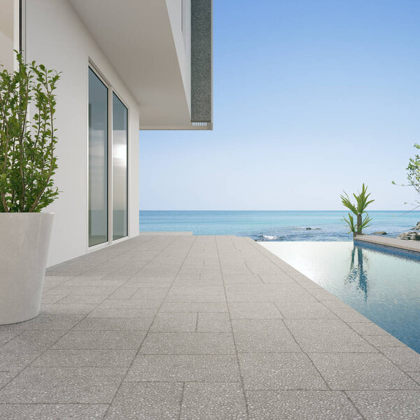 Пустой пол на террасе и белая стена в современном пляжном доме или роскошной вилле у бассейна. 3D рендеринг бетонной плитки с видом на море.
