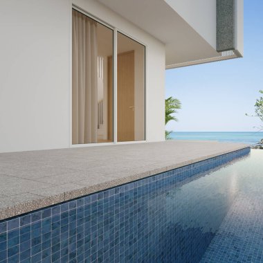 Boş teras katı ve modern sahil evinde beyaz duvar veya lüks havuz villası. Beton döşeme 3D deniz manzaralı..