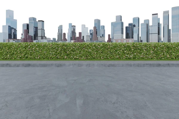 Prázdná Betonová Podlaha Panoramatickým Výhledem Město Vykreslování Izolovaných Objektů — Stock fotografie