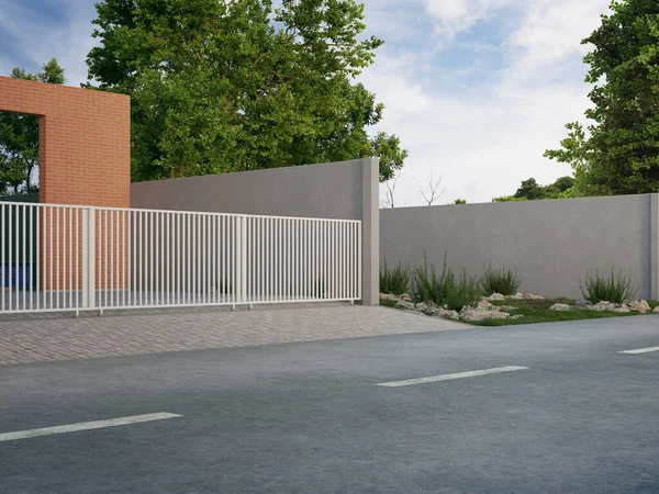 Modern evdeki beton zeminin beyaz sürgülü kapısı. Asfalt yolu 3d ağaç ve gökyüzü arkaplanı oluşturma.