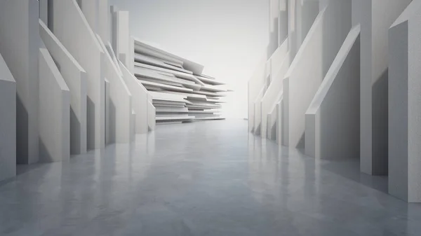 Modern binanın soyut mimari tasarımı. Boş park yeri ve beton duvar. Araba sahnesi için 3B görüntü oluşturuluyor.