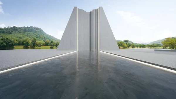 Boş beton zemin ve gri duvar. Gökyüzü arkaplanı açık modern binanın 3D görüntülemesi.