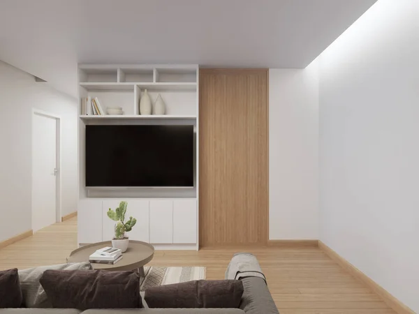 モダンな家や豪華なヴィラでテレビに対して明るいリビングルームとソファの木製の床にコーヒーテーブル 白い壁とホームインテリア3Dレンダリング — ストック写真