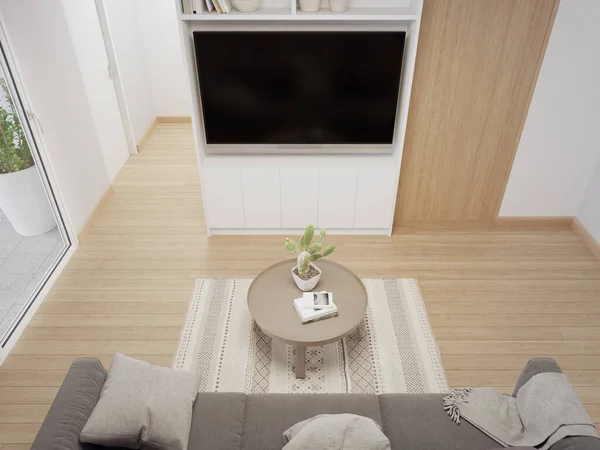 Couchtisch Auf Holzboden Des Hellen Wohnzimmers Und Sofa Gegen Fernseher — Stockfoto