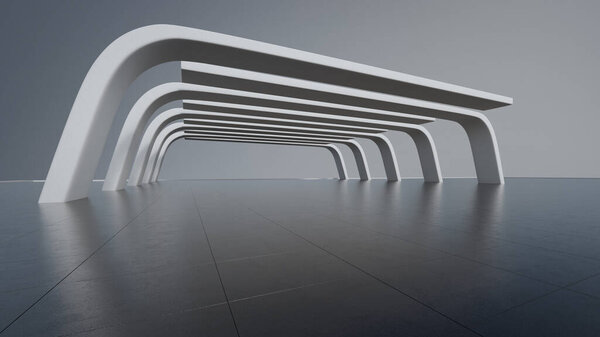 Abstract architecture design of modern building. Empty parking area floor and concrete structure. 3D rendering background image for car scene.