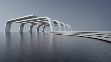 Modern binanın soyut mimari tasarımı. Boş park yeri ve beton yapı. Araba sahnesi için 3B görüntü oluşturuluyor.