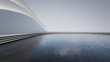 Modern binanın soyut mimari tasarımı. Boş park yeri ve beton yapı. Araba sahnesi için 3B görüntü oluşturuluyor.