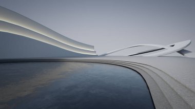 Modern binanın soyut mimari tasarımı. Boş park yeri ve beton yapı. Araba sahnesi için 3B görüntü oluşturuluyor.