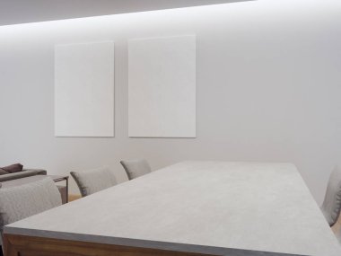Modern evdeki ya da lüks villadaki oturma odasının yanındaki boş yemek masası. Beyaz duvarda boş resim çerçevesi ile ev içi 3D görüntüleme.