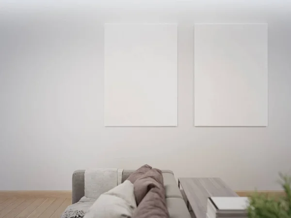 Modern evdeki ya da lüks villadaki boş parlak oturma odası. Beyaz duvarda boş resim çerçevesi ile ev içi 3D görüntüleme.