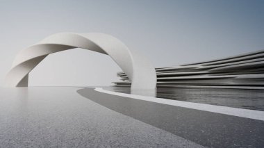 Modern binanın soyut mimari tasarımı. Boş park yeri ve beton yapı. Araba sahnesi için 3B görüntü oluşturuluyor.